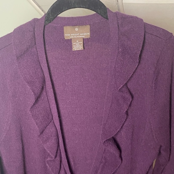 Fenn Wright Manson 100% Merino Wool Cardigan Ruffles Belt Eggplant Purple - Picture 4 of 7